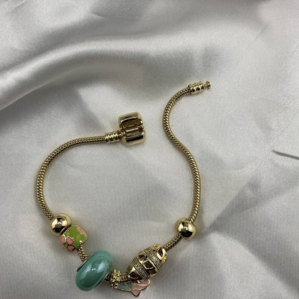 14k‎ Laminated Gold Snake Necklace and Bracelet Set with Blue Round Glass Beads